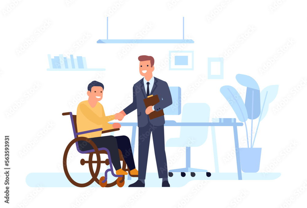 Man with disability gets job. Employee recruitment. HR manager and disabled worker. Equal accessibil