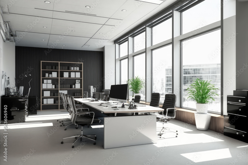 Modern office interior design . Contemporary workspace for creative business. Peculiar AI generative