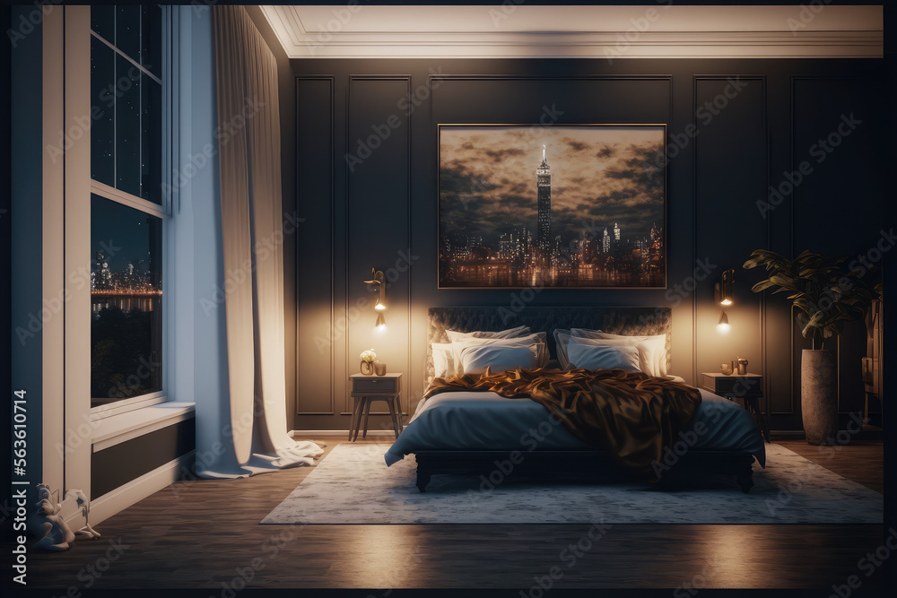 Interior of luxury penthouse bedroom at night. Peculiar AI generative image.