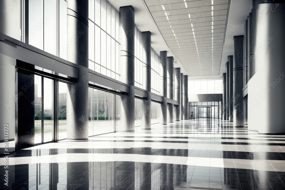 Empty entrance hall of modern public station or large convention center lobby . Contemporary beautif