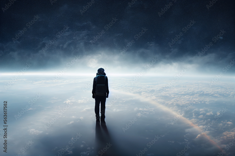 Splendid rear view of man standing above cloud over earths atmosphere in the stratosphere, with gal