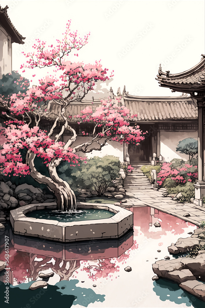 Beautiful Japanese garden with cherry blossom and pond. Vintage style, generative ai