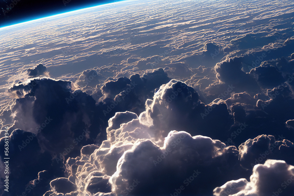 Splendid background cloudscape above the earths atmosphere in the stratosphere, with a galaxy and b