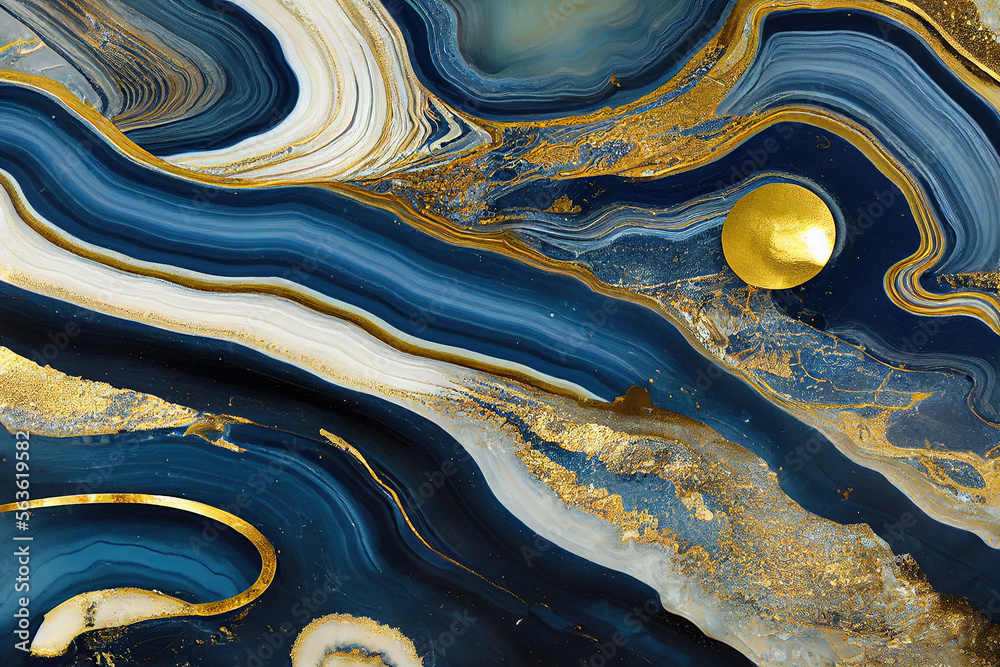 Abstract art background with a fluid marble blue and gold texture. Splendid luxury abstract artwork 