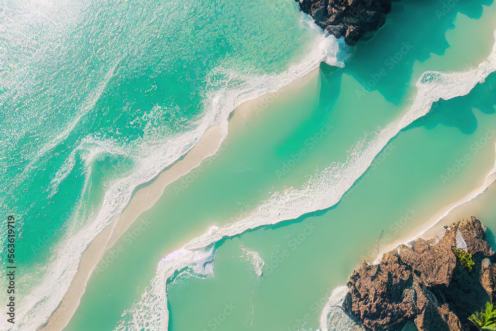 Spectacular top view from drone photo of beautiful beach with relaxing sunlight, sea water waves pou