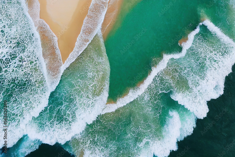 Spectacular top view from drone photo of beautiful beach with relaxing sunlight, sea water waves pou