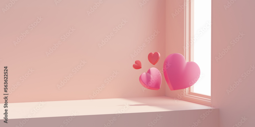 Abstract 3d Heart symbol place on table with window light 3d rendering