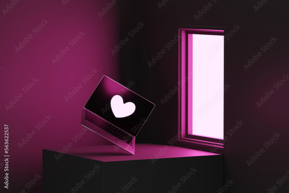 Heart symbol and laptop with pink window light concept 3d rendering