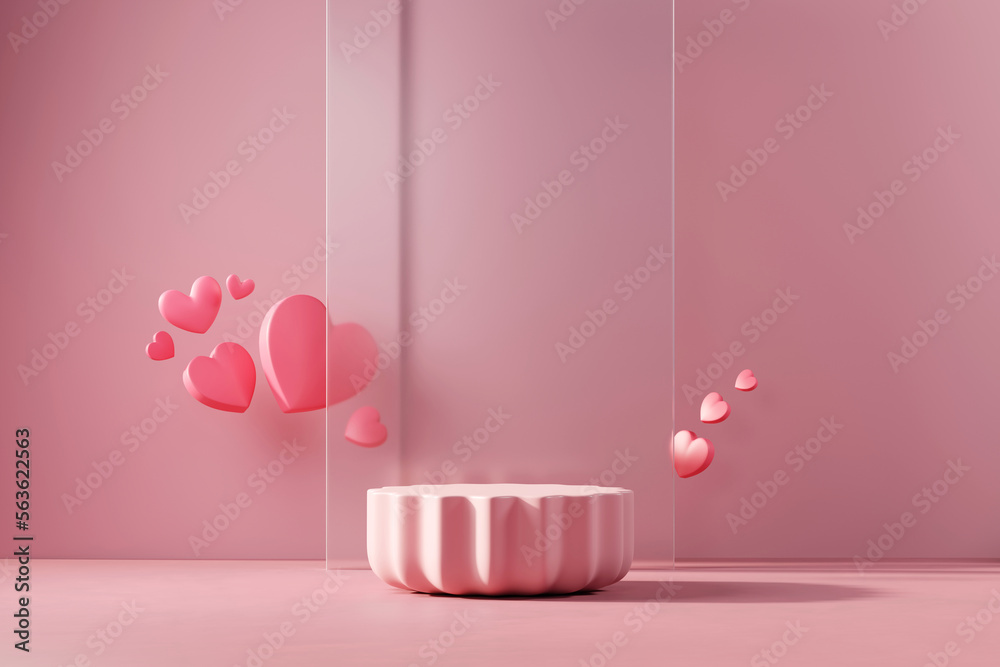 Valentines day stage podium mock up with heart product display showcase 3d rendering