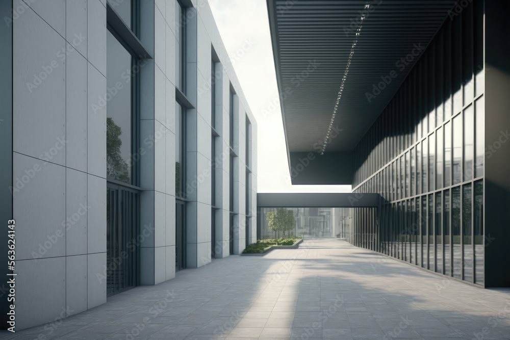 Modern architecture exterior of public hall entrance in urban building outdoor under bright sky with