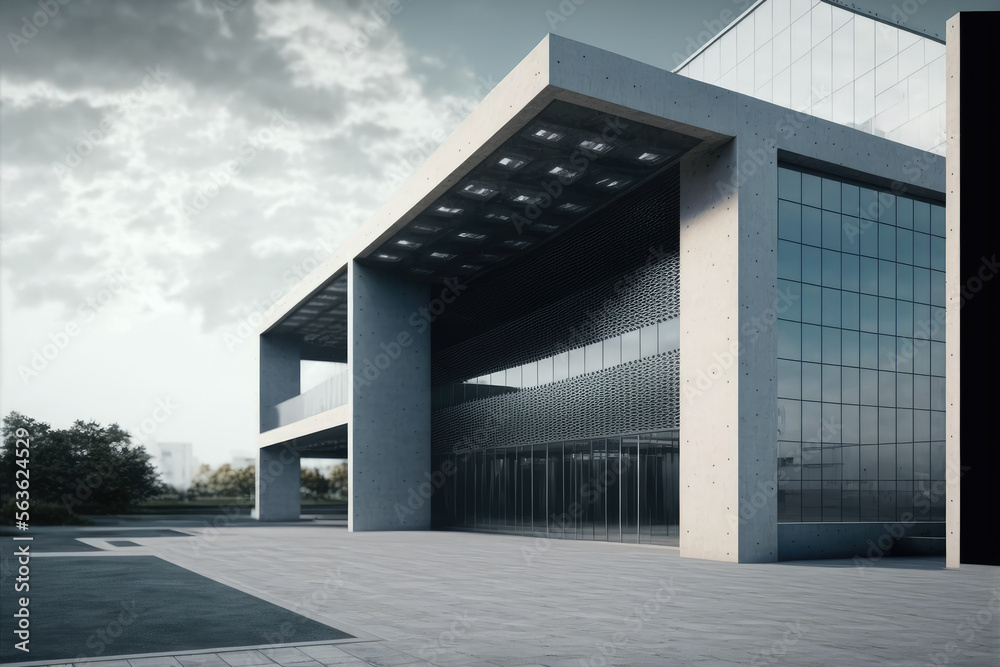 Modern architecture exterior of public hall entrance in urban building outdoor under bright sky with