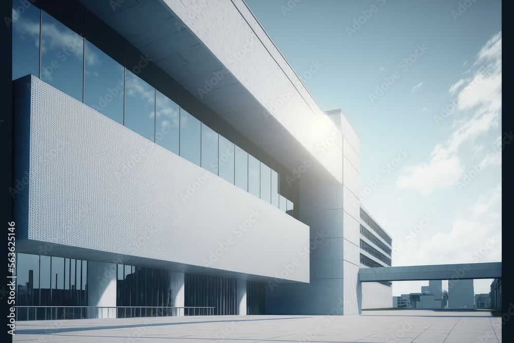 Modern architecture exterior of public hall entrance in urban building outdoor under bright sky with