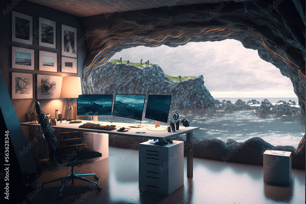 Imaginary home workspace in rocky cave with a large window overlooking ocean ridge landscape . Dream