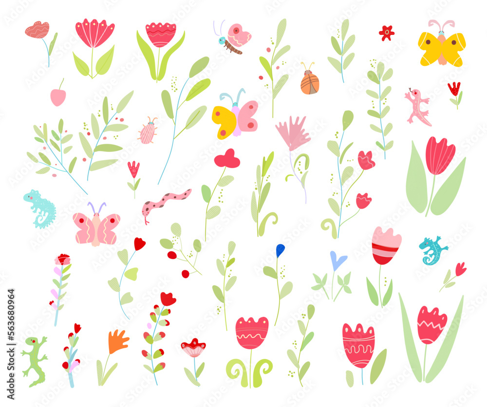 floral spring vector set with tulips, lizard, butterfly