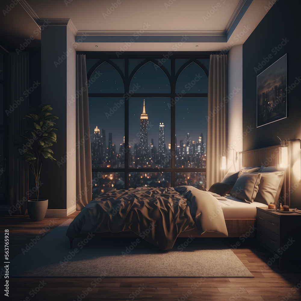 Interior of luxury penthouse bedroom at night. Peculiar AI generative image.