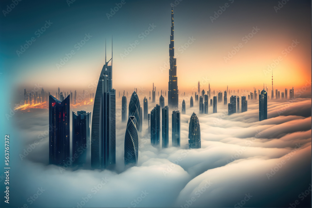 Top of skyscrapers building high above the clouds in the morning sunrise . Futuristic architecture o