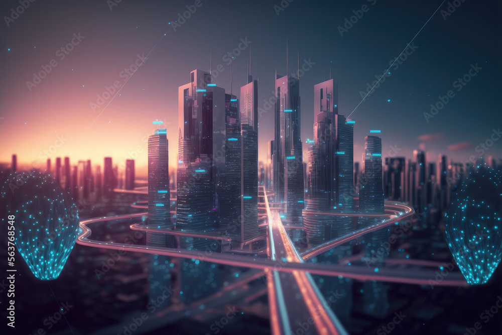 Smart city with communication network graphic connecting the city with wireless internet technology.