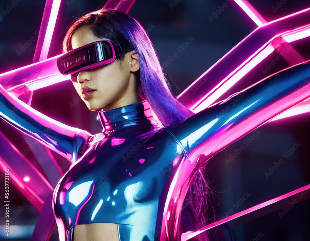 Splendid futuristic woman in cyberpunk world with VR headset portrait with glowing ultraviolet neon 