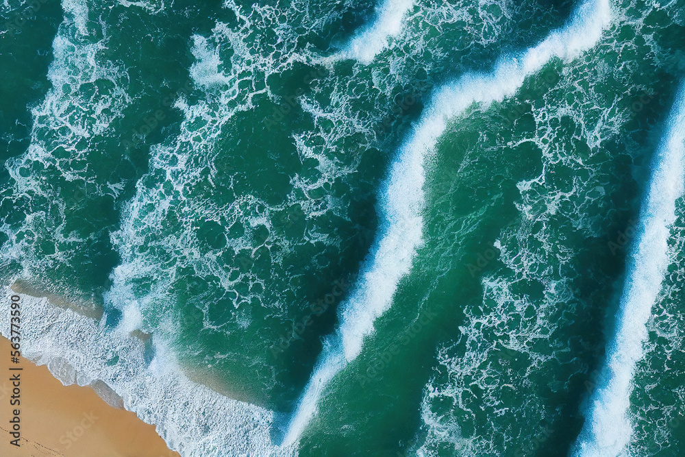 Spectacular top view from drone photo of beautiful beach with relaxing sunlight, sea water waves pou