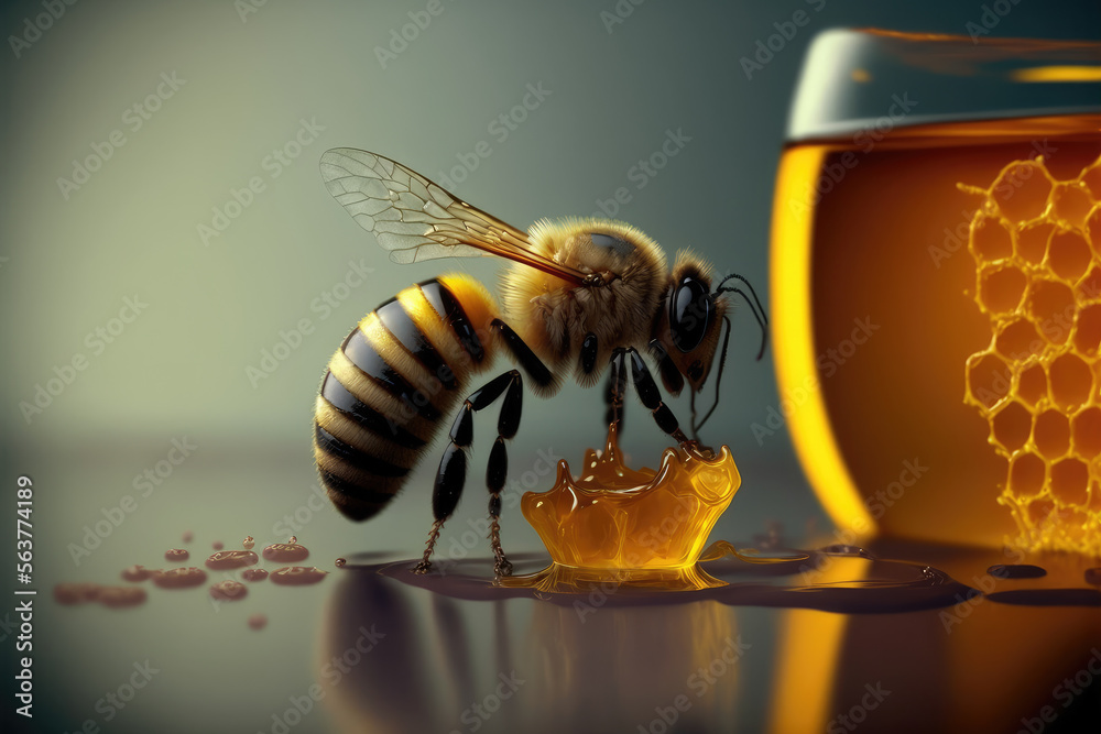 Bee and honey from close up view of nature insect. Peculiar AI generative image.