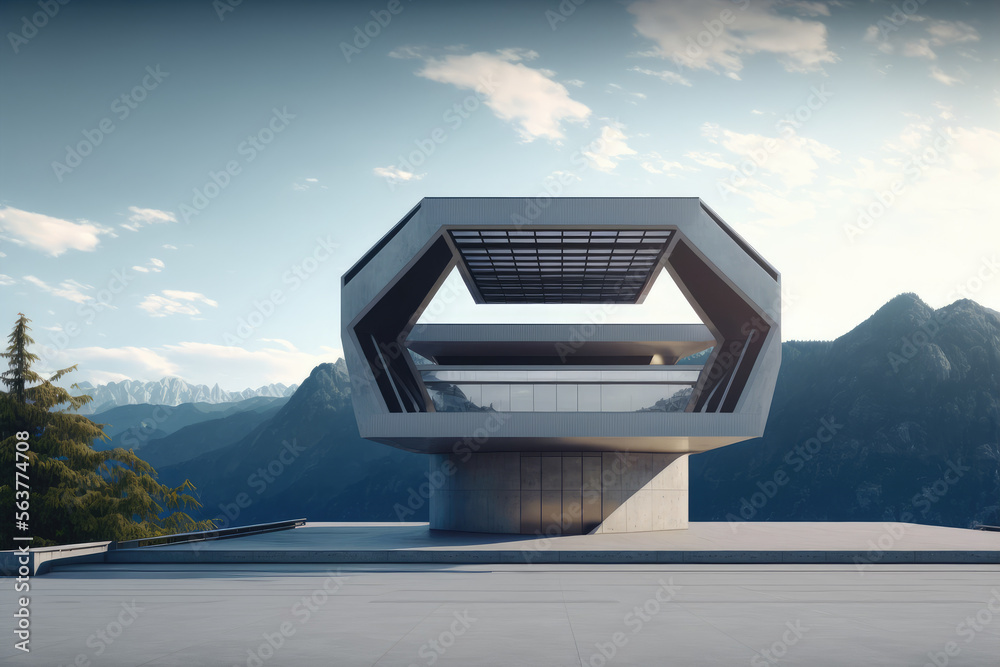 Futuristic architecture of modern hall entrance facade on high mountain top scenery with empty outdo