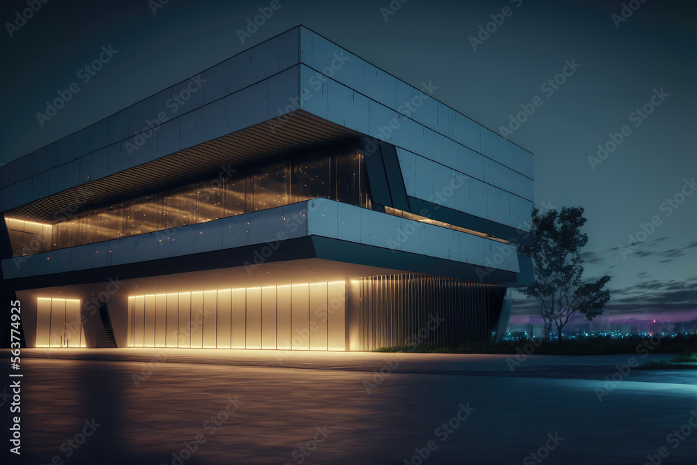 Office buildings and modern architecture at night. Peculiar AI generative image.