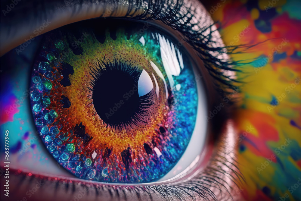 Close up view of female eye with multicolored eyeball and colorful makeup powder. Peculiar AI genera