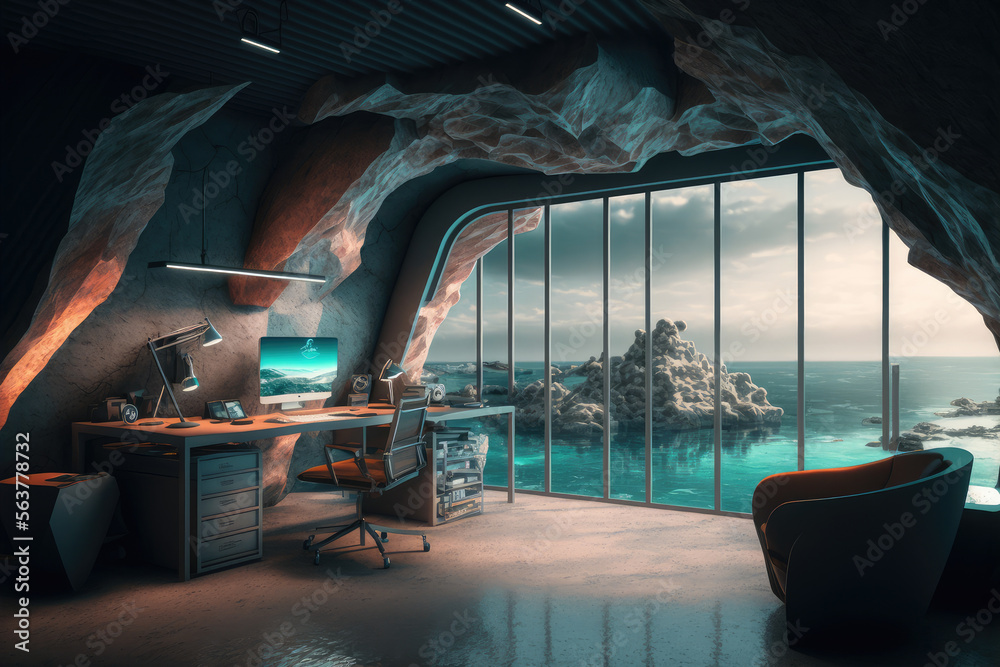 Imaginary home workspace in rocky cave with a large window overlooking ocean ridge landscape . Dream