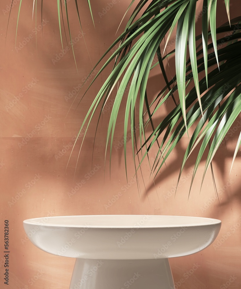 Minimal, modern white round stone podium, tropical palm tree in sunlight on brown matte paint wall b