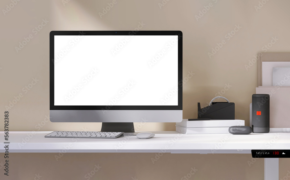 Blank screen modern desktop computer, keyboard, mouse, book, document and speaker on minimal design 