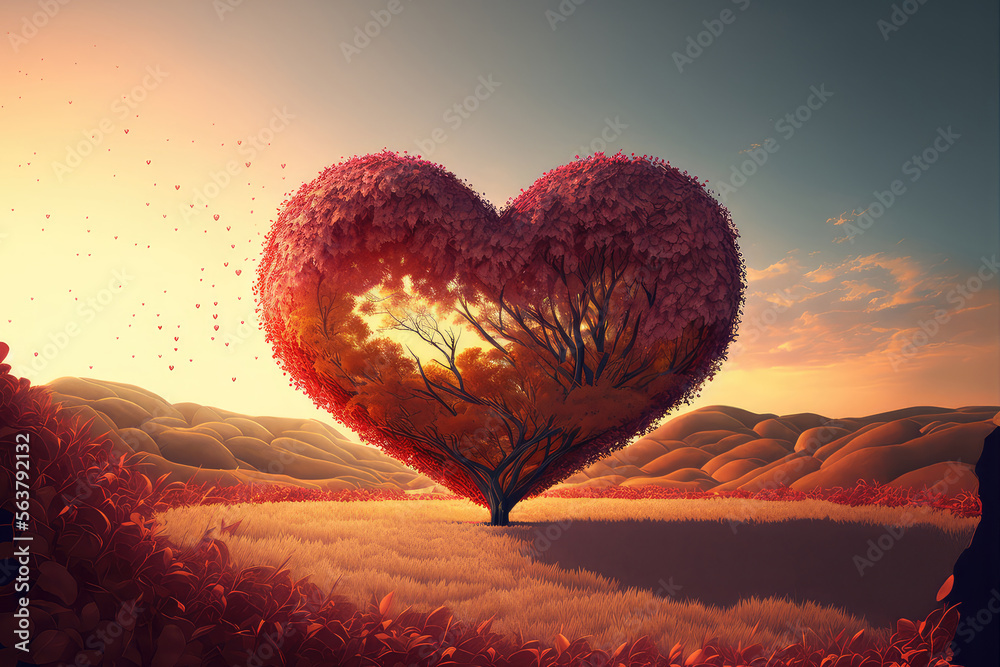 Heart tree in the red landscape at Sunset (ai generated)