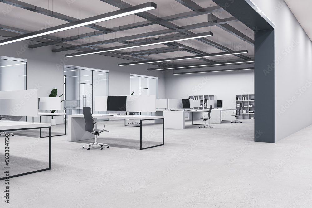 Modern concrete coworking office interior with windows, equipment, furniture and other items. 3D Ren