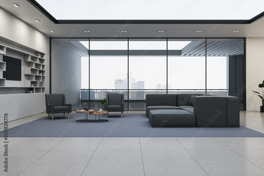 Contemporary spacious office interior with furniture, panoramic window with city view and tile floor