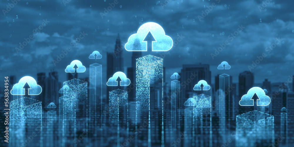 Creative cloud homputing hologram on blurry city sky background. Database, server and information st