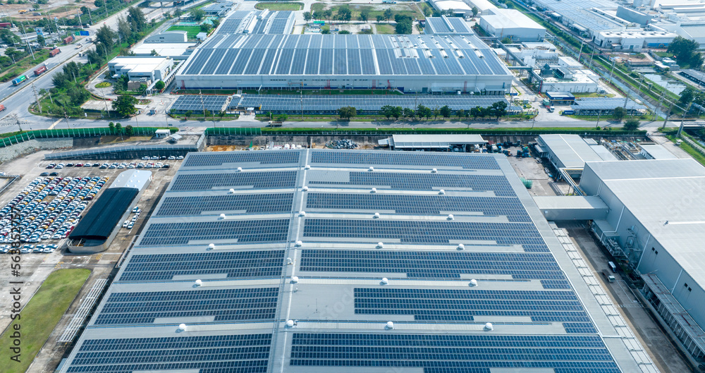 Top view Solar Cell on Warehouse Factory. Solar photo voltaic panels system power or Solar Cell on i