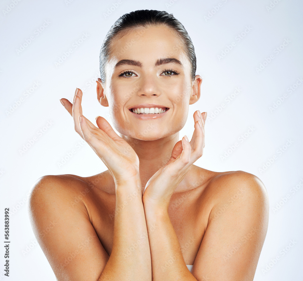 Beauty, portrait and skincare for skin glow on a woman isolated against a studio white background. C