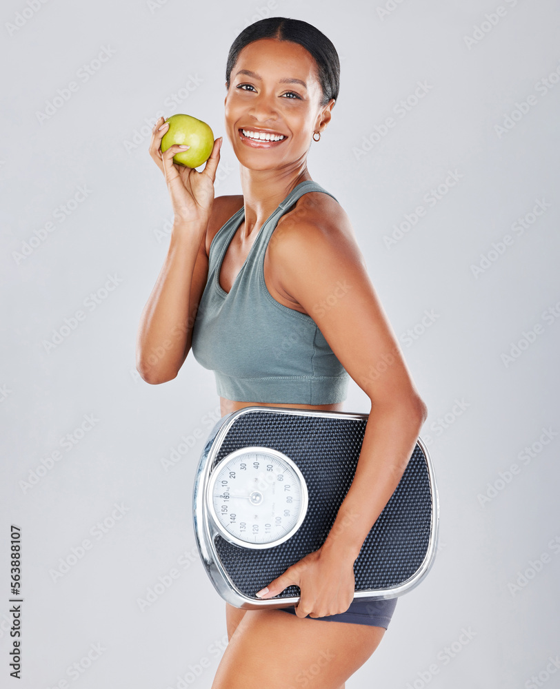 Health, scale and portrait of woman with apple on diet for weight loss, workout and healthy lifestyl