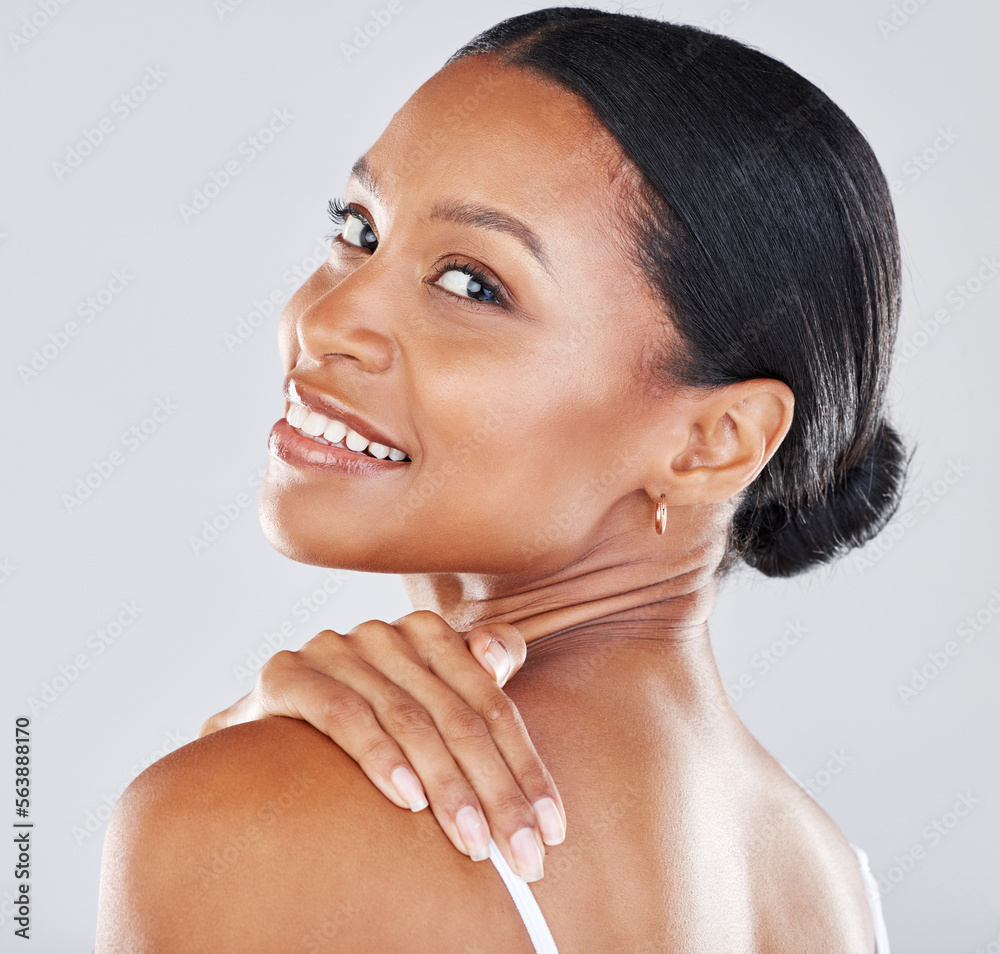 Portrait, face and hand on shoulder with a model black woman in studio on a gray backgrouns for well