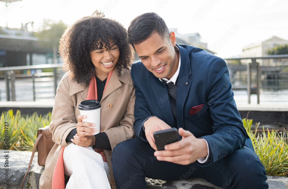 Man, woman or corporate friends with phone for funny meme, comic moment or social network on break. 