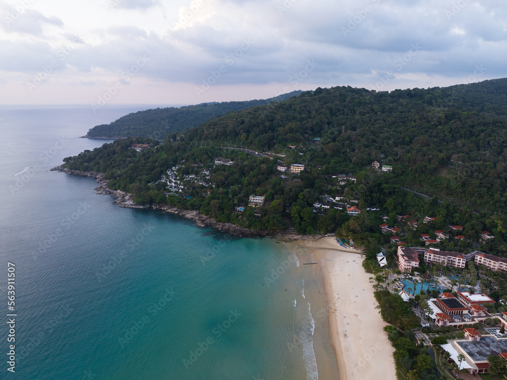 Aerial view seashore beach at sunset evening time