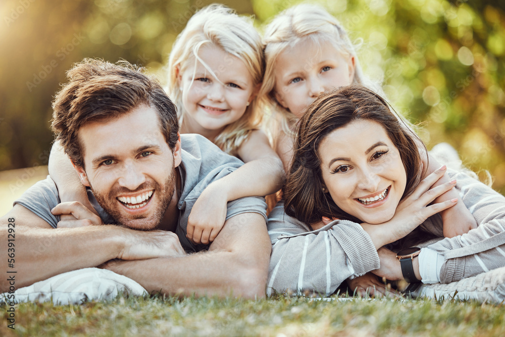 Family, park and outdoor portrait of parents and girl children with love and care in nature. Mother,