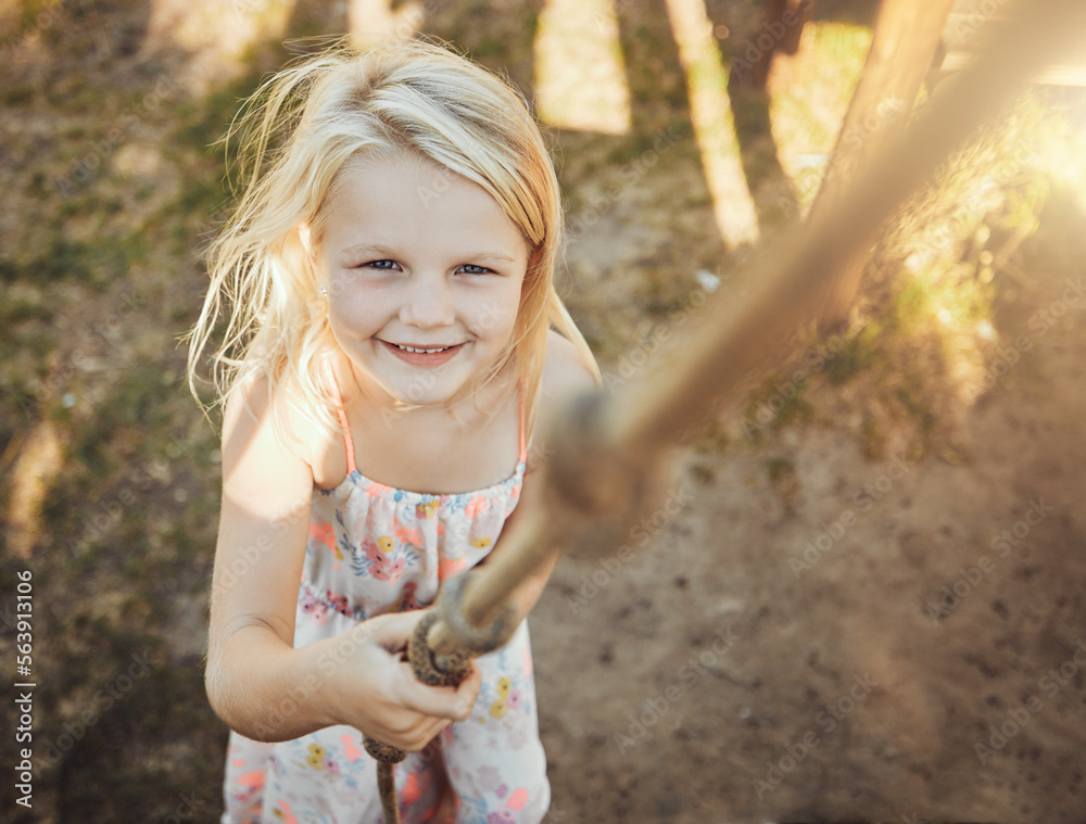 Child, portrait or playing rope in park, nature garden or house backyard on holiday, vacation or sum