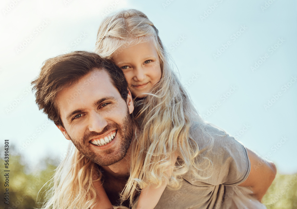 Portrait, father carry girl and outdoor for bonding, happiness and quality time together, smile and 