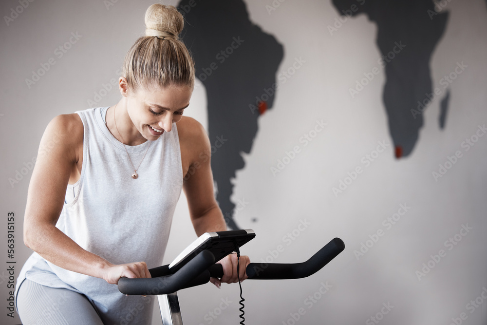 Fitness, gym bike and woman cycling for cardio performance, body wellness and exercise mockup. Healt