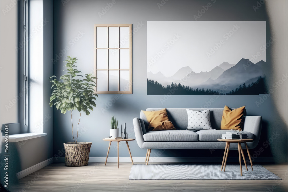 Modern comfortable living room interior design living space. Peculiar AI generative image.