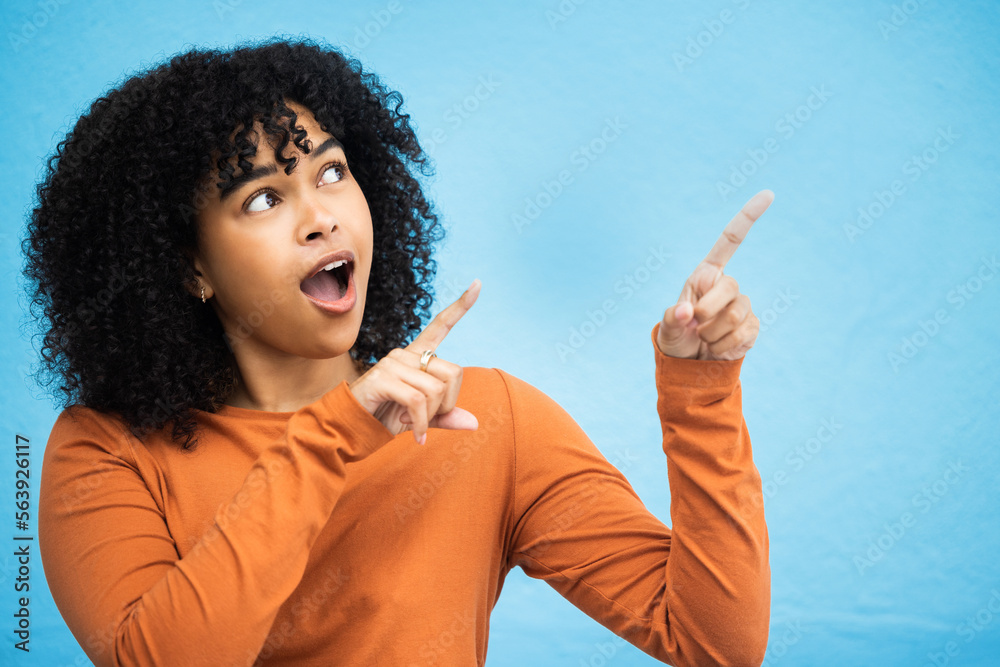 Black woman, surprise and pointing hands in studio for news announcement, gossip notification and bl