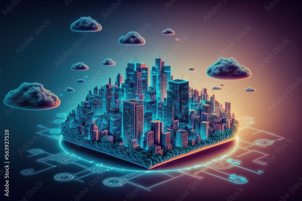 Futuristic smart city internet network connection through wireless system. Peculiar AI generative im