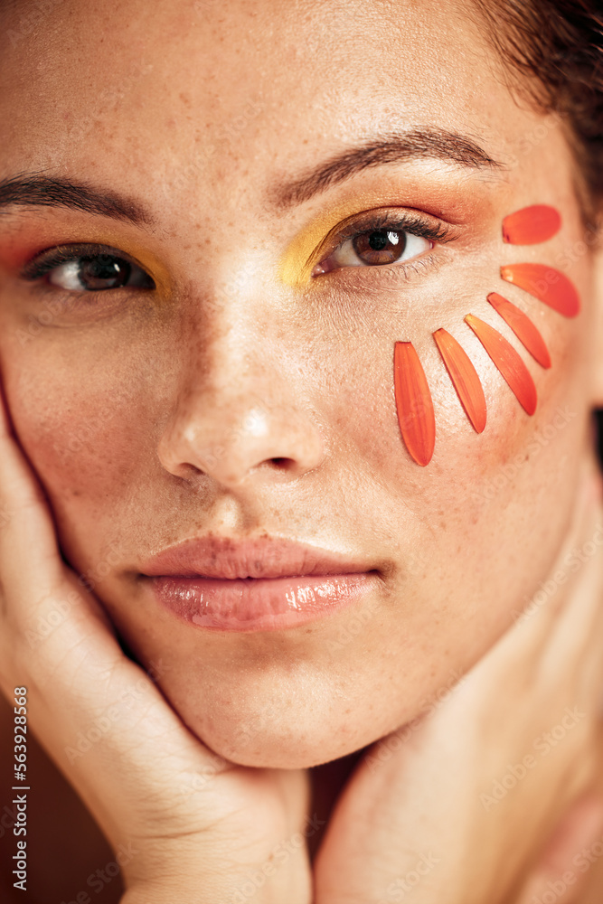 Face makeup, flower petals and woman portrait with creative facial design, floral beauty and color e