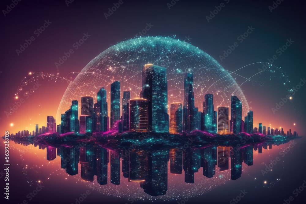 Futuristic smart city internet network connection through wireless system. Peculiar AI generative im