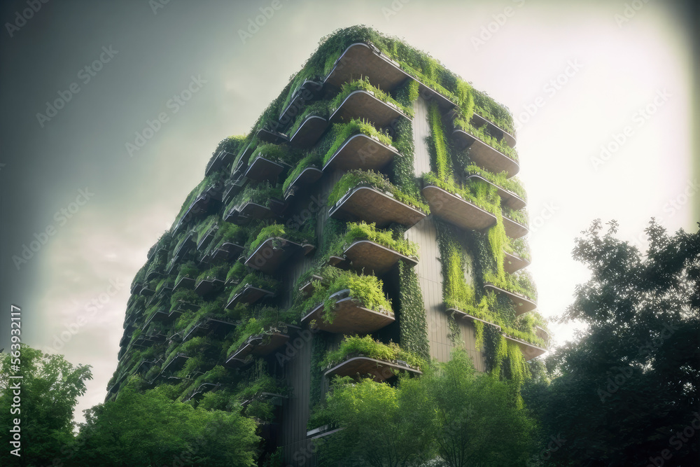 Eco friendly green building with vertical garden in modern city for sustainable clean environment. P